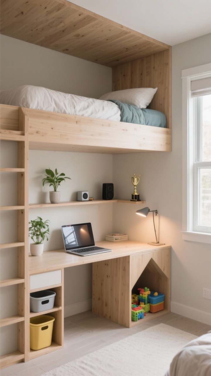 Wide overhead corner shot of an L-shaped bunk configuration: top bunk runs along one wall, bottom bunk rotated 90 degrees to create defined zones; a compact desk sits under the upper bed where its overhang shades the laptop screen, reducing glare; corner shelving holds a plant, a small Bluetooth speaker, and a trophy; bins tucked into a play cubby under the overhang; neutral walls with soft wood accents; balanced natural light from a side window, with subtle task lighting at the desk.