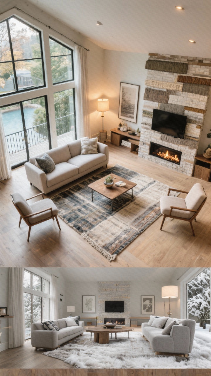 Wide overhead shot of a living room layout illustrating seasonal pivot: summer layout with seating angled toward large windows for light and outdoor view, sofa pulled a few inches from the wall to create airflow, chairs positioned to visually connect with a balcony; inset winter layout overlay shows a conversation circle pulled tighter around a central rug and coffee table, orientation toward a fireplace/media wall with layered rugs (plush atop flatweave). Natural daylight for summer area, warm lamp glow for winter area, photorealistic.