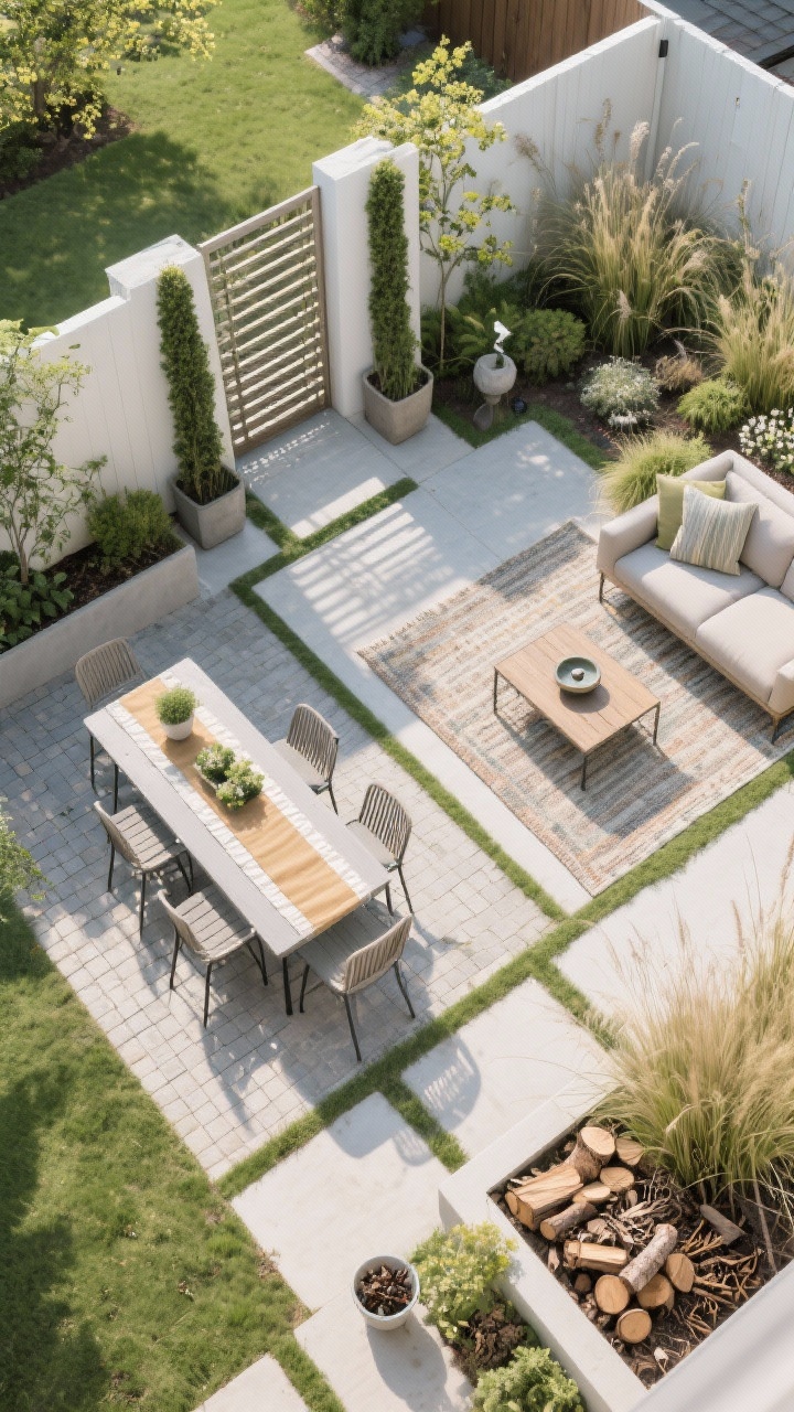 Wide overhead shot to show layout: A compact backyard divided into three clear zones. Dining zone with a bistro set on pavers, a runner, and a low planter centerpiece; lounge zone defined by an outdoor rug with a sectional around a coffee table; a “wild corner” featuring native grasses, a small birdbath, and a neat log pile for insects. Vertical dividers—tall planters and a slatted screen with a trellis—subtly mark boundaries without forming walls. Fresh spring palette ties zones together. No people, photorealistic.