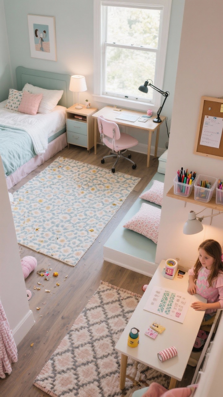 Wide overhead-style shot: “Work + Play Zones That Actually Work.” A compact girls’ room divided into three mini zones using rugs and lighting. Sleep zone: calm colors around the bed with minimal decor and a small shaded lamp. Study zone: desk placed by a window with natural light, an adjustable clamp lamp, a pinboard with notes, and clear bins corralling markers and supplies on a shelf. Play/chill zone: patterned rug (small-scale print to hide crumbs), floor cushions, and a low craft table with washi-tape dispenser. No walls between zones; layout makes each area feel intentional.