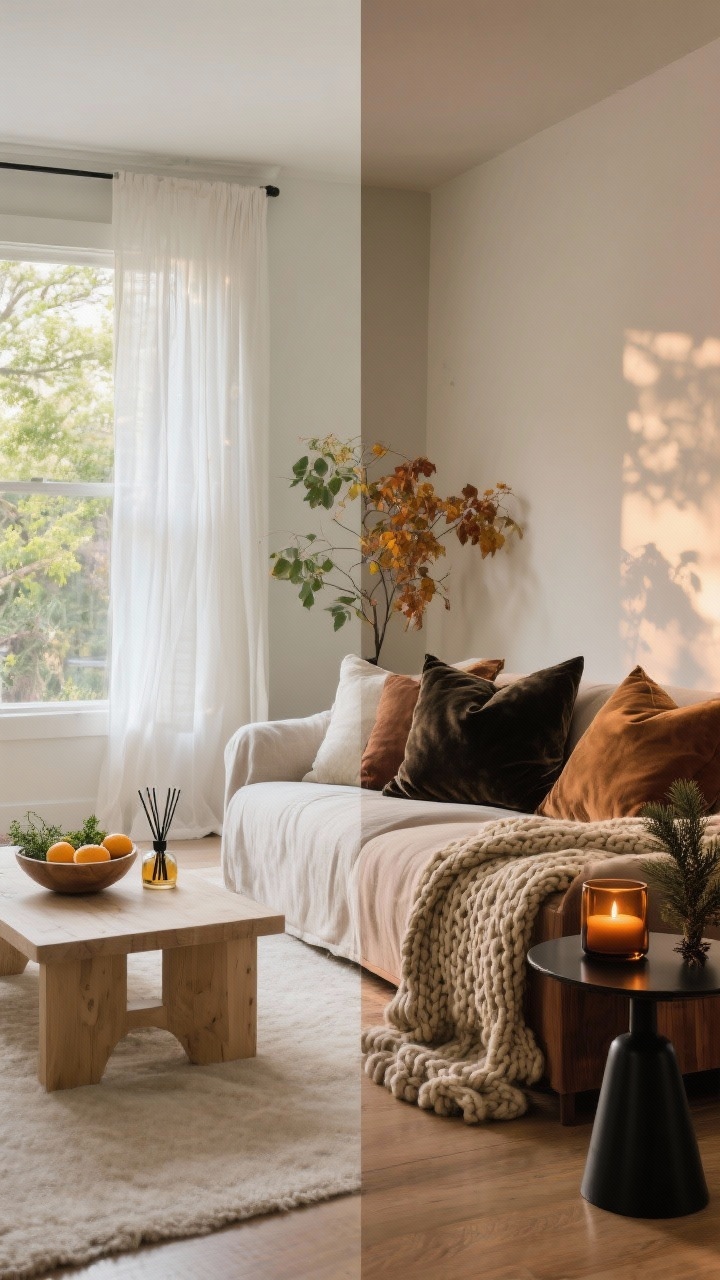 Wide room shot: A living room styled to align with seasons, shown as a split-scene concept—left half spring/summer with light linen slipcovered sofa, sheer white curtains billowing, pale wood coffee table, citrus bowl and herbal diffuser; right half fall/winter with chunky knit throw over the same sofa, deep velvet pillows, darker wood accents and matte black metal side table, amber glass candle and pine diffuser. Natural daylight on the left, warmer moody afternoon light on the right. Photorealistic, no people.