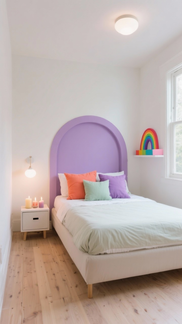 Wide room shot: A small bedroom with soft white walls and light wood floors, styled with a neutral base and cheeky accent colors. Pops of coral, lilac, and sage appear in throw pillows, candles, and a small storage box. A single painted headboard arch in lilac frames a simple bed, and a rainbow-painted shelf edge adds a playful detail. Natural daylight blends with warm white evening bulbs, creating a flattering, cozy glow. Photorealistic, straight-on perspective, curated not chaotic.