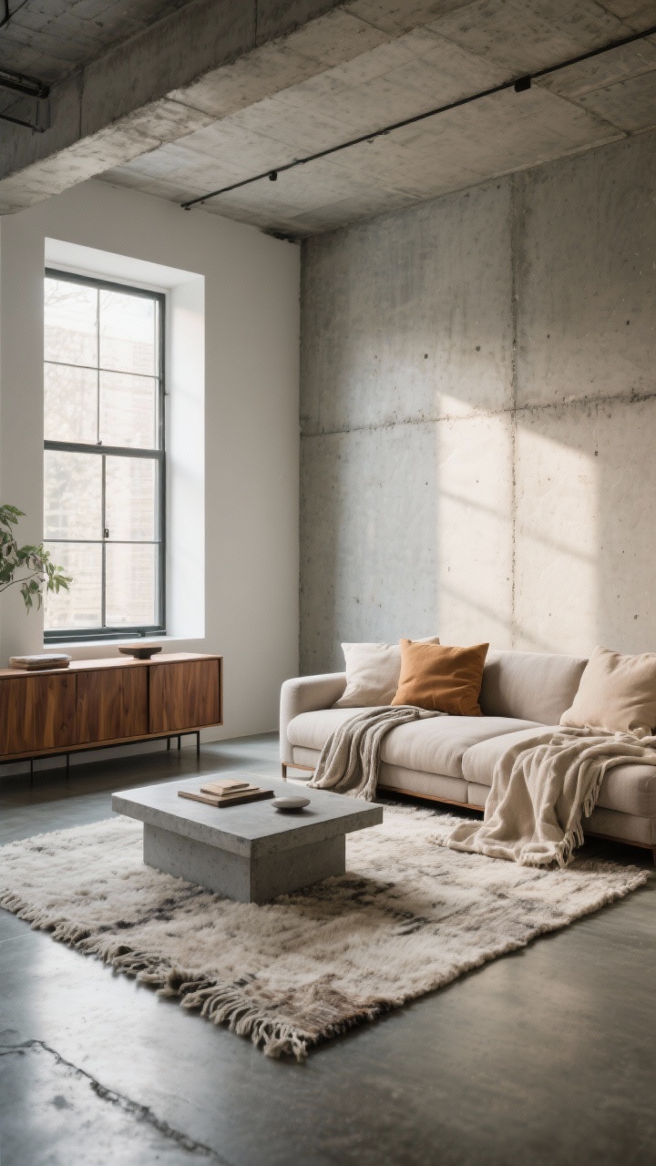 Wide room shot: An industrial living room with polished concrete floors and a microcement feature wall, balanced by a thick wool area rug, soft linen throws, and plush cushions in warm neutrals; include a sleek concrete coffee table and warm wood sideboard, diffused afternoon light from large windows, soft shadows, no people, cozy minimalism mood, straight-on perspective emphasizing contrast between raw concrete textures and soft textiles.