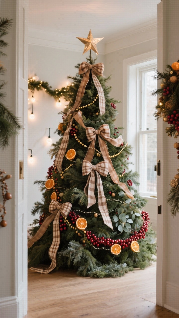 Wide room shot, angled from the doorway: A dramatic ribbon-and-garland-focused tree as the star. Two to three complementary ribbons in different widths (one subtle plaid pattern max), draped with the waterfall method: tucked into the tree every 12–18 inches, cascading naturally. Loose bows with long tails secured by floral wire. Old-world garlands layer in: dried orange slices, cranberry strands, and brass or wood bead garlands. Additional sprigs of cedar, eucalyptus, and juniper tucked to fill gaps, adding texture and scent. Warm white lights glow softly; the overall look feels like a moving evening gown, photorealistic.