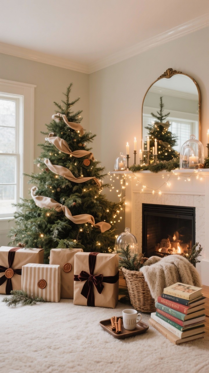 Wide room shot, corner angle: The staged surround completes the storybook vignette. Presents wrapped in 2–3 coordinated papers matching the tree palette: kraft paper, subtle stripes, and a solid tone, all tied with velvet and satin fabric ribbons. Foraged sprigs and wax seals add intentional detail. Ambient glow layers in: LED taper candles on the mantel, a mirror opposite the tree doubling the twinkle, and a few glass cloches with fairy lights creating sparkle islands. A basket with a cozy throw, a small stack of holiday storybooks, and a tray with mugs and cinnamon sticks sit nearby. No people, just warm, nostalgic, photorealistic holiday magic.