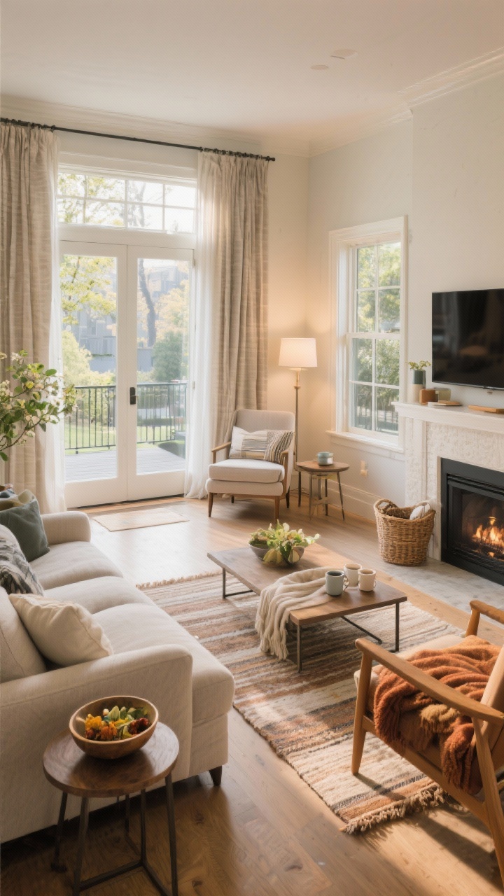 Wide room shot from a corner angle: A living room reconfigured for seasonal rituals. Spring/Summer layout with seating pulled toward large windows, heavy drapes cleared, a light reading nook with a chair and side table, open pathways to a balcony; on an alternate layer of the same space (subtle staging), Fall/Winter layout with chairs angled toward a fireplace/TV, basket of throws, side table ready for mugs, and a runner layered under the coffee table for warmth. Include a small entry touchpoint: a seasonal catchall bowl near the living room. Warm, welcoming lighting.