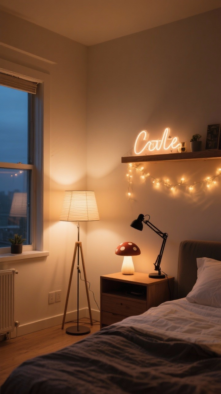 Wide room shot in evening: A layered lighting setup in a small bedroom. Ambient light from a rice paper floor lamp, task lighting from a black clamp light on a desk by the bed, and accents from warm fairy lights draped along a shelf and a soft neon sign. An LED strip glows under a wall shelf. All bulbs are warm 2700–3000K, with a dim, cozy atmosphere. Include a whimsical mushroom lamp on a nightstand. Photorealistic, corner angle.