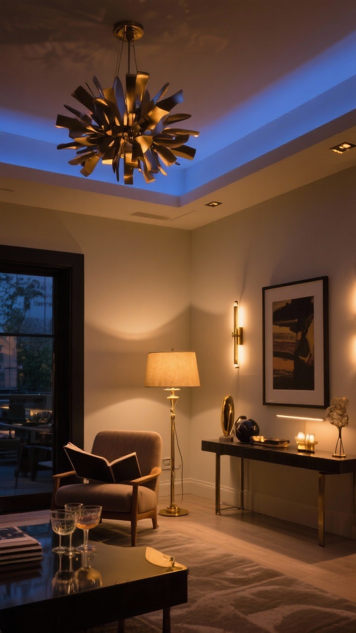 Wide room shot in evening light: Layered lighting scheme with a bold sculptural chandelier anchoring the ceiling, a brass floor lamp beside a reading chair for task lighting, and picture lights plus a slim sconce highlighting art and objects on a console for accent lighting. Dim, warm bulbs (2700–3000K) throughout with dimmers set to create a cocktail-lounge mood. The camera is positioned low and wide from a corner, capturing the interplay of ambient, task, and accent glow without overhead glare.