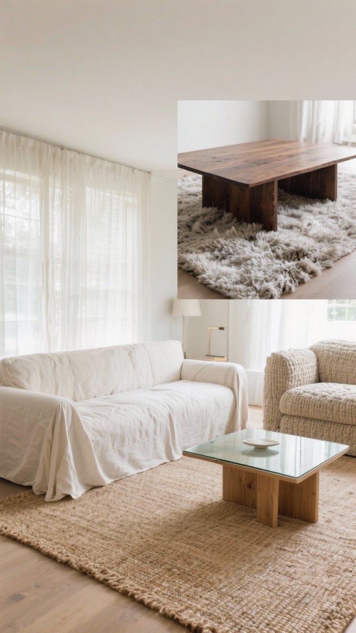 Wide room shot, living room seen straight-on: a neutral sofa with a removable slipcover shown in summer mode—crisp ivory linen slipcover, light wood coffee table with a glass top, airy flatweave jute rug underfoot; a second inset vignette within the same scene shows the winter swap in place on the other half of the room: darker, chunkier wood coffee table, the sofa in a structured textured slipcover, and a dense wool shag rug. Soft daylight through sheer curtains, no people, photorealistic, emphasis on editing anchor pieces only.