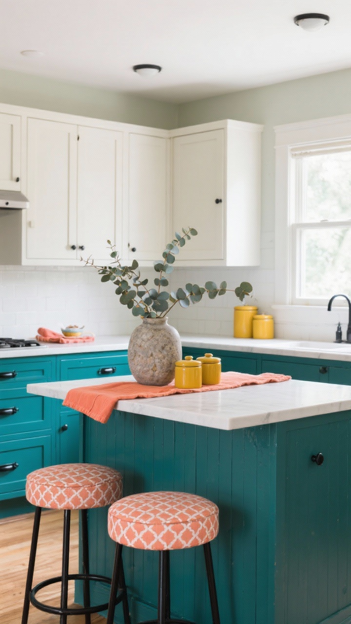 Wide room shot of a bright, small kitchen showcasing color-coded confidence: light greige walls, upper cabinets in soft white, lower cabinets and a painted island in deep teal with matte black hardware; add patterned bar stools in muted coral and mustard; stone vase with eucalyptus stems on the island; swappable accessories like a terracotta-toned runner, coral tea towels, and mustard canisters; natural daylight from a window, calm yet energetic mood with cool uppers and saturated lowers for an open feel; photorealistic.
