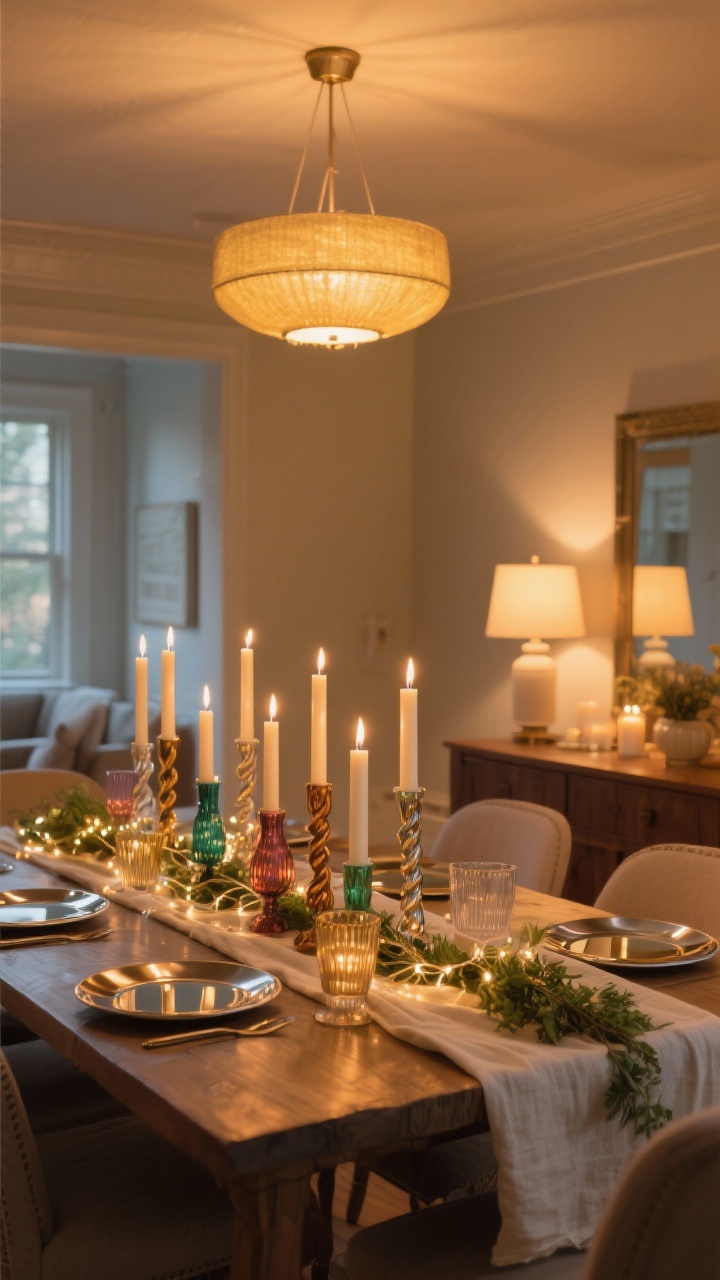 Wide room shot of a dining area showcasing layered warm lighting: a dimmed overhead fixture casting soft golden light, a row of unscented taper and pillar candles in mixed heights on the table (dripless), a small lamp glowing on a sideboard for added softness; special-occasion touches include twisted taper candles in colored glass holders, delicate fairy lights woven down a linen runner and tucked into greenery, and mirrored coasters/metallic accents subtly bouncing light; warm color temperature (2700K–3000K), cozy ambiance, no people, photorealistic.
