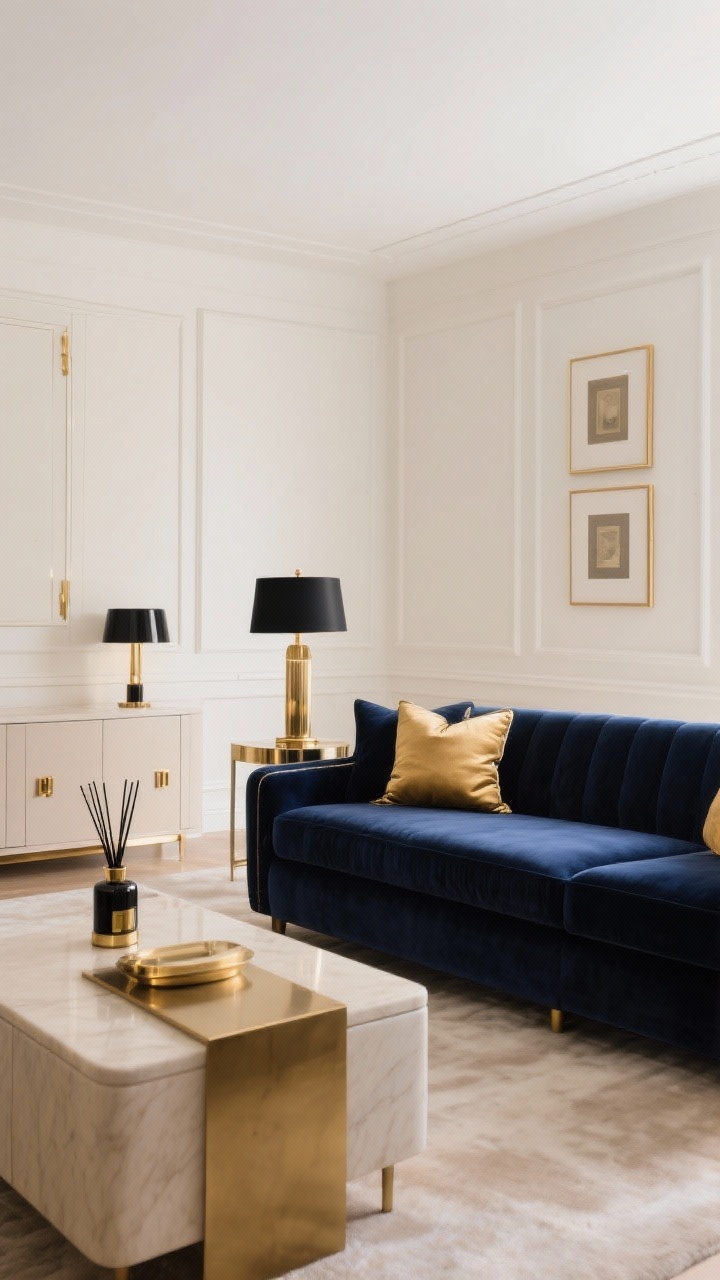 Wide room shot, polished final look: A cohesive glam living room with a controlled palette—warm white walls and mushroom-toned large pieces as base, a single bold accent color (navy velvet sofa) echoed subtly in pillows, predominantly gold/brass metal with matte black as a supporting finish in lamp bases and frames. Show upgraded brushed brass hardware on cabinets, simple picture frame molding on walls, and a chic reed diffuser on a console. Surfaces edited to two or three items, warm, even lighting for a high-end finish, photorealistic.