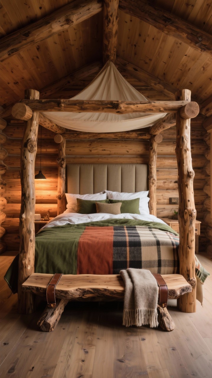Wide room shot, straight-on: A statement cabin bed as the anchor—option 1: substantial log/timber frame; option 2: canopy with solid wood posts; or a wood base with upholstered headboard hybrid—set against warm wood surroundings. Bedding palette in earthy greens, rust, oatmeal, charcoal, and cream with subtle plaid or windowpane checks. Top layers include a lofty duvet and a folded wool blanket at the foot. Add a live-edge wood or leather-strap bench at the foot for presence. Soft, warm evening lighting complements the scene; photorealistic, no people.