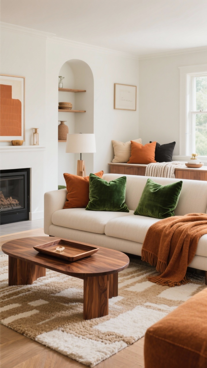 Wide room shot, straight-on: Living room styled in a toasty palette—Caramel + Cream + Forest Green as the main scheme; textiles carry color via velvet cushions in forest green, a caramel throw, and a cream-and-oatmeal rug; warm walnut tones introduced through a walnut tray and oak side table; additional vignette showing Terracotta + Oatmeal + Charcoal in a secondary pillow and throw combo; clean, modern feel with fresh warmth; balanced natural light; photorealistic, no people.