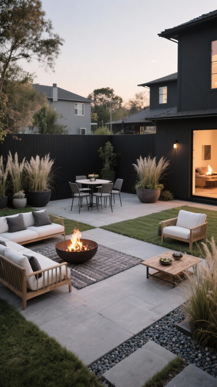 Wide shot: A backyard divided into distinct zones with a cohesive neutral palette in matte black, charcoal, soft white, and natural wood. A lounge area anchored by a low fire pit and outdoor rug, a dining spot with a small café table and chairs, and a cozy fire nook with a coffee table. Use pea gravel and pavers to define edges, with tall grasses and large planters acting as natural “walls.” Soft, warm evening light with subtle shadows; no people; photorealistic; straight-on view showing all zones clearly.