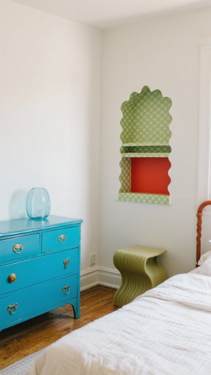 Wide shot: A bedroom corner featuring a thrifted dresser glow-up painted in cobalt with a satin finish, fitted with acrylic and brass hardware mix. Add a side table with a subtly wavy silhouette, a headboard edged with scalloped trim, and renter-friendly checkered contact paper lining an open shelf. Keep the rest of the room calm with warm white walls and one additional punchy accent in chartreuse or tomato red. Soft, even daylight; three-quarter angle to show shapes and upgrades.