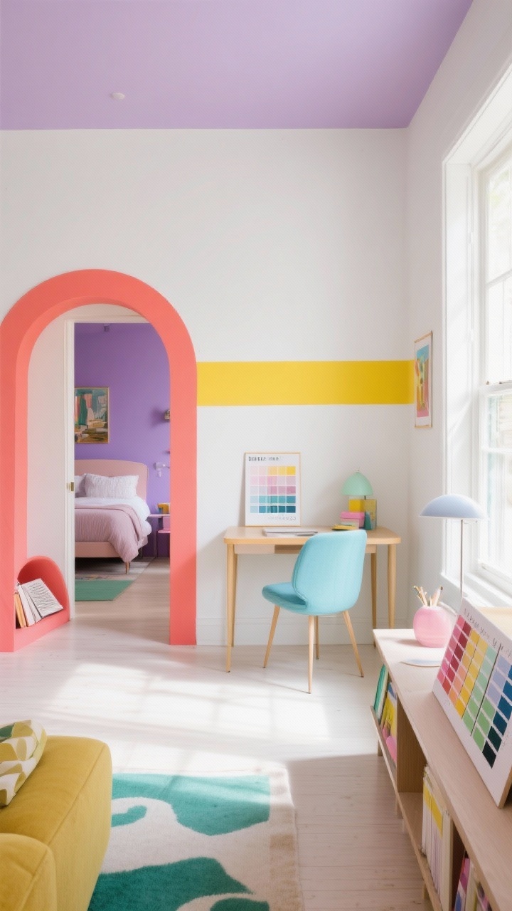 Wide shot: A bright living room showcasing color zones—an electric coral painted arch framing a cozy reading nook, a butter yellow horizontal stripe behind a compact desk area, and a lilac-painted bedroom ceiling visible through an open doorway. Include a warm white base wall color, a powder blue desk chair, mint and blush accents as supporting shades, and poster-board paint swatches propped on a console to suggest testing in changing light. Daylight streaming from side windows for cheerful, energetic mood; straight-on perspective.