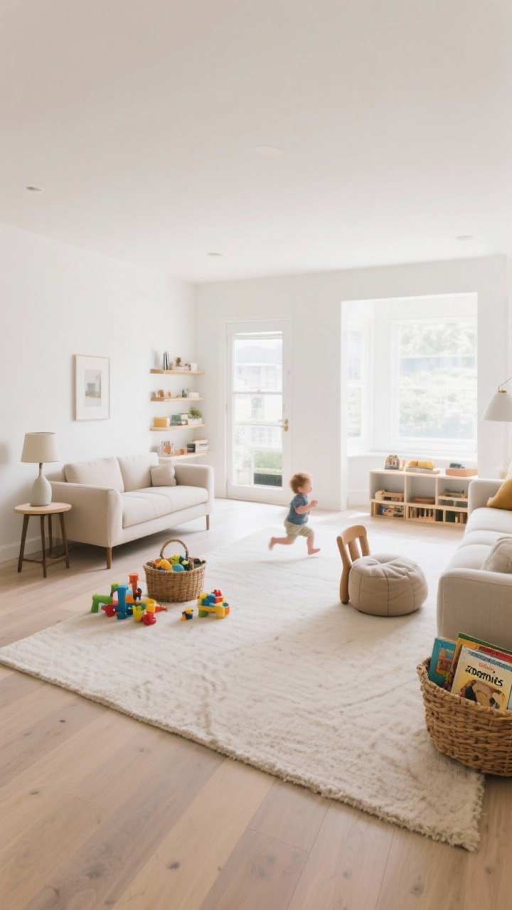 Wide shot: A bright, open-plan living room with an edited floor plan showing clear traffic paths for toddler “zoomies.” Furniture grouped into zones: a grown-up chill zone with a neutral sofa, anchored side table, and lamp; a dedicated play zone within sight of the sofa featuring a low shelf, a soft rug angled to define the area, and a basket of toys; and a reading nook with a floor cushion or mini chair beside a basket of board books. Natural light, mid-tone neutral palette, minimal clutter, and ample breathing space; straight-on perspective to emphasize the intentional zoning.