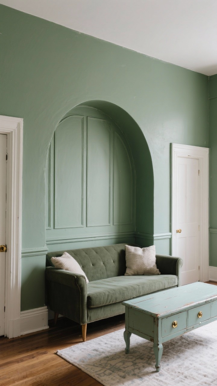 Wide shot: A budget-savvy paint transformation with a color-drenched room—walls, trim, and doors painted the same rich, cocooning matte sage tone—featuring a painted arch in a deeper hue behind the sofa to define a focal zone; include a revived thrifted console painted in satin finish with modern brushed brass pulls, and renter-friendly peel-and-stick molding creating classic paneling on a feature wall, all under soft, even natural light that emphasizes the custom look.