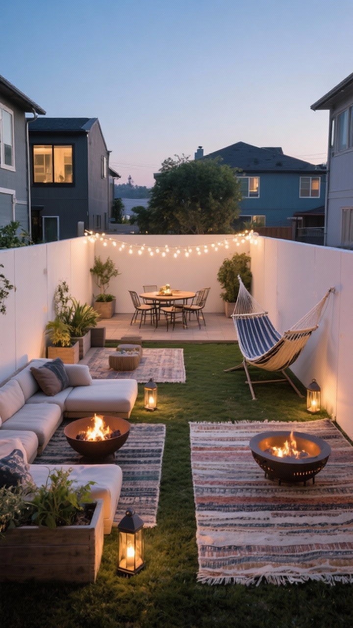 Wide shot: a compact backyard divided into intentional zones without walls—lounge area with low seating on layered rugs and a small fire bowl; dining zone with a small bistro set under warm white string lights; a chill corner with a hammock and lantern—zones defined by planters, rugs, and lighting; visual cues create clear transitions; straight-on perspective, dusk ambiance, boutique-hotel vibe, photorealistic, no people.