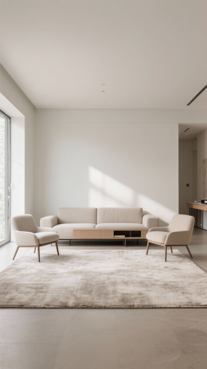 Wide shot: A contemporary living room where the sofa and two armless accent chairs are floated around a large neutral rug; front legs of all seating sit on the rug. Leave 12–18 inches between the slim, leggy sofa and the wall, creating a subtle shadow line for depth. Add a narrow console table behind the sofa for hidden storage. Use sofas with exposed 6–7 inch legs and armless chairs to keep sightlines open. Soft daylight filters in; palette light-to-mid neutrals with airy textures. Photorealistic, straight-on view emphasizing the expanded perimeter.
