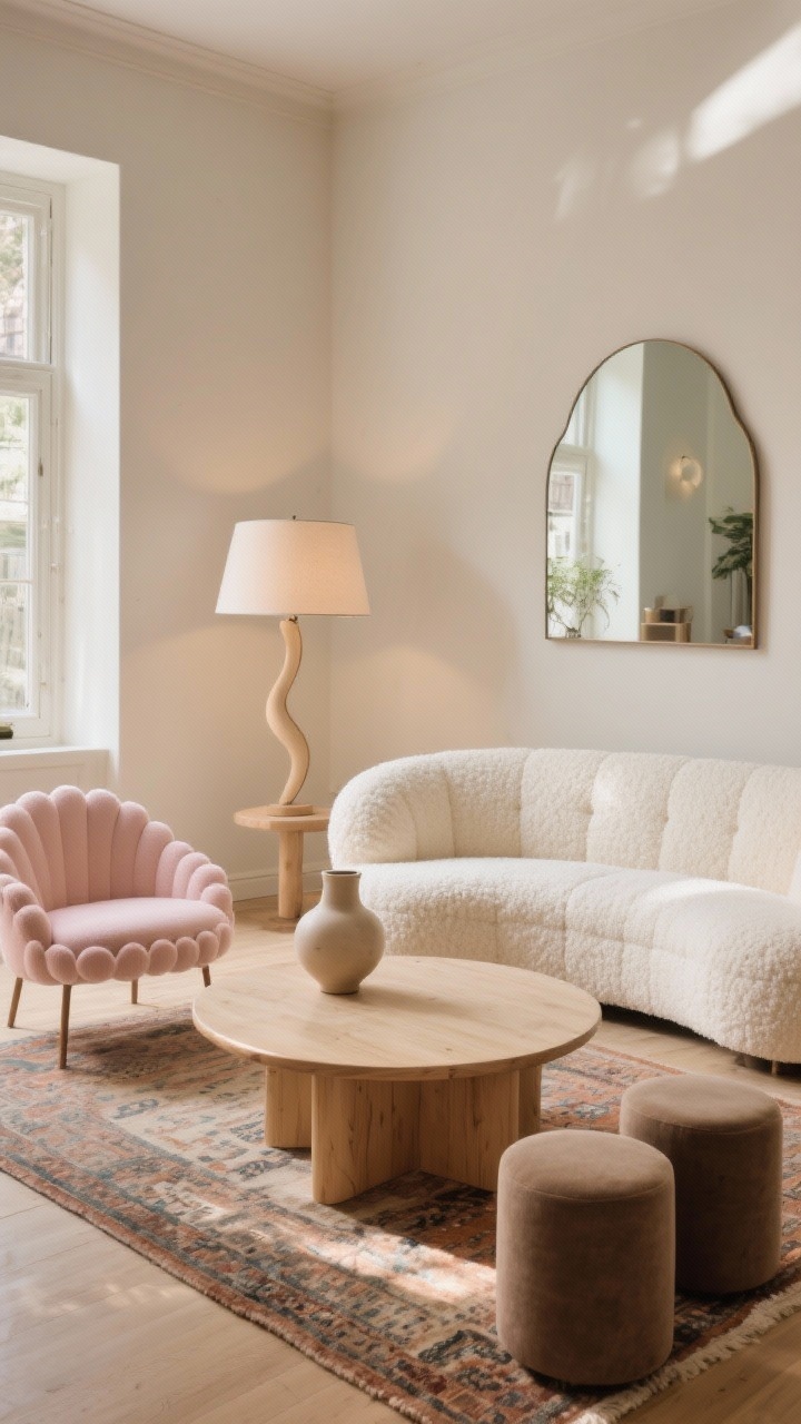 Wide shot: A cozy living room with a bouclé curved sofa in cream, a rounded oval coffee table in light wood, and pillowy silhouettes throughout; include a scalloped accent chair in soft blush, a pair of small cylinder ottomans in taupe, and an arched mirror on the wall; add a rounded ceramic table lamp and a curvy vase on the coffee table; styling includes a vintage rug underfoot and modern lighting for a warm, welcoming feel; soft natural afternoon light, no sharp corners, photorealistic.