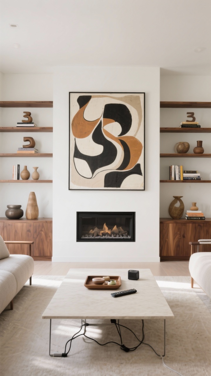 Wide shot: A curated living room with a single bold focal point—a large abstract artwork above a streamlined fireplace—surfaces edited with negative space. A walnut bookshelf holds decor grouped in odd numbers (sets of 3 and 5) at varying heights, while a tray corrals a remote and small objects on a clean coffee table. No visible cords; chargers hidden. The room feels intentional and airy, with scattered duplicates removed. Soft natural daylight, straight-on perspective, photorealistic.