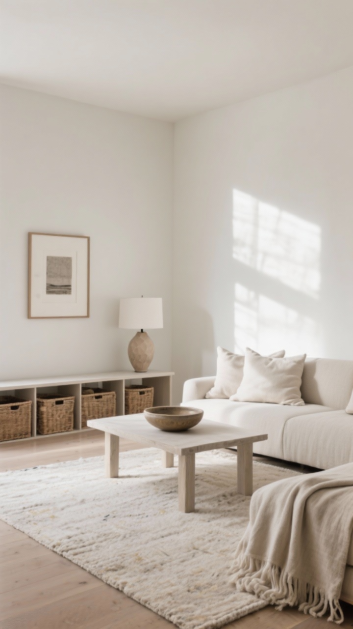 Wide shot — A freshly edited living room “curated canvas”: clean surfaces with only one focal object per surface (a single ceramic bowl on the coffee table, one sculptural lamp on the console, a simple vase on a side table), walls cleared with just one framed piece rehung intentionally, favorite neutral rug and a pared-back selection of pillows left on a light linen sofa, folded throw neatly draped. Natural daylight, soft shadows, minimal clutter, storage baskets tucked away, overall calm and intentional mood.