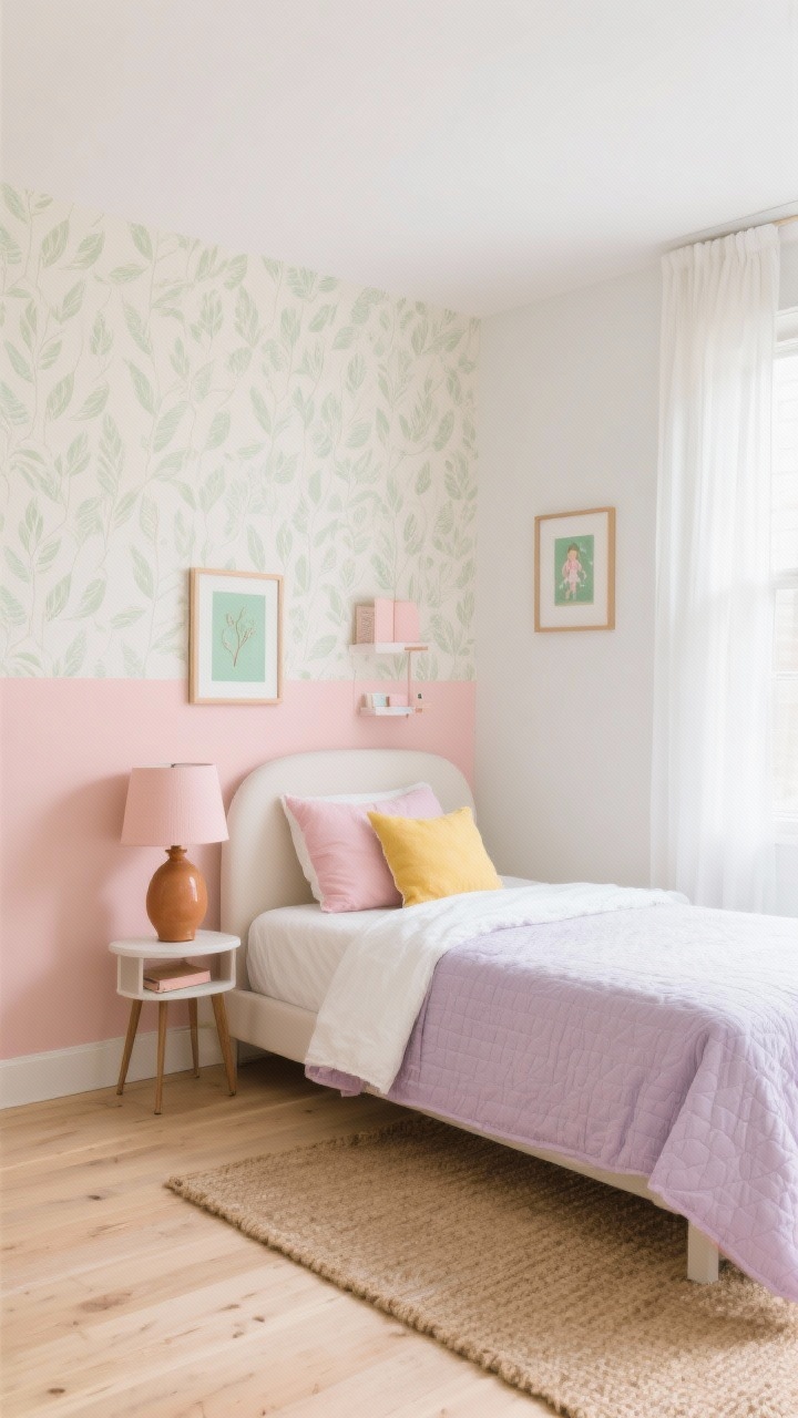 Wide shot: A girls’ bedroom with neutral warm white walls and light oak floors, styled around a “Color Stories That Grow Up Gracefully” palette. Show a color-blocked accent wall in soft blush on the lower third transitioning to cream above, removable wallpaper in a subtle sage leaf pattern defining a small reading nook, and accents repeated in three places: blush throw pillow, caramel ceramic table lamp, and sage framed art. Include a pastel pop option on the bed: misty lavender quilt, butter yellow cushion, and cloud white sheets. Natural daylight through sheer curtains; clean, modern aesthetic with a jute rug and minimal clutter.