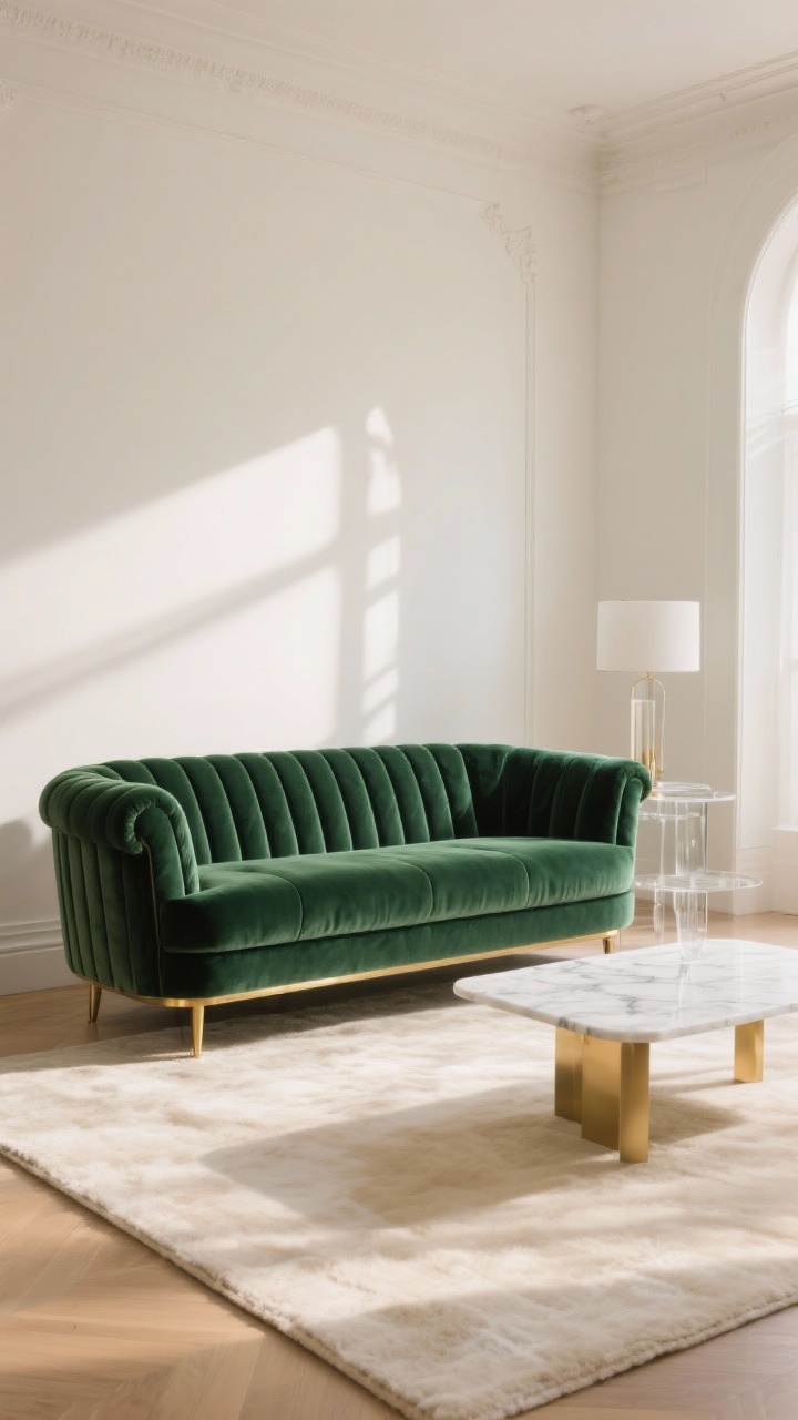 Wide shot: A glam living room anchored by a plush velvet sofa in deep emerald with channel tufting and a gently curved silhouette, low-profile brass legs catching the light; balanced with a sleek white marble-top coffee table and a clear glass side table for contrast. Walls in warm white, soft natural afternoon light filtering in, subtle shadows on the velvet pile showing its light-catching texture. Add a neutral cream rug and minimal decor to let the sofa steal the show, no people, photorealistic.