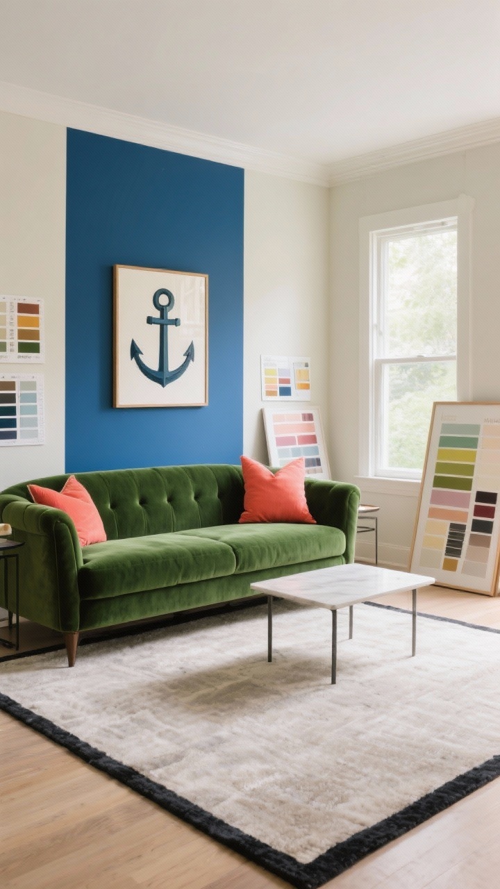 Wide shot: A living room showcasing a signature color palette with an anchor moss green velvet sofa, creamy neutral walls, and a sapphire blue accent wall; greige area rug, charcoal trim, and punchy coral throw pillows and artwork as the pop color. Natural daylight from a side window, paint swatches on poster boards propped around the room catching different light, clean-lined coffee table, no people, photorealistic.