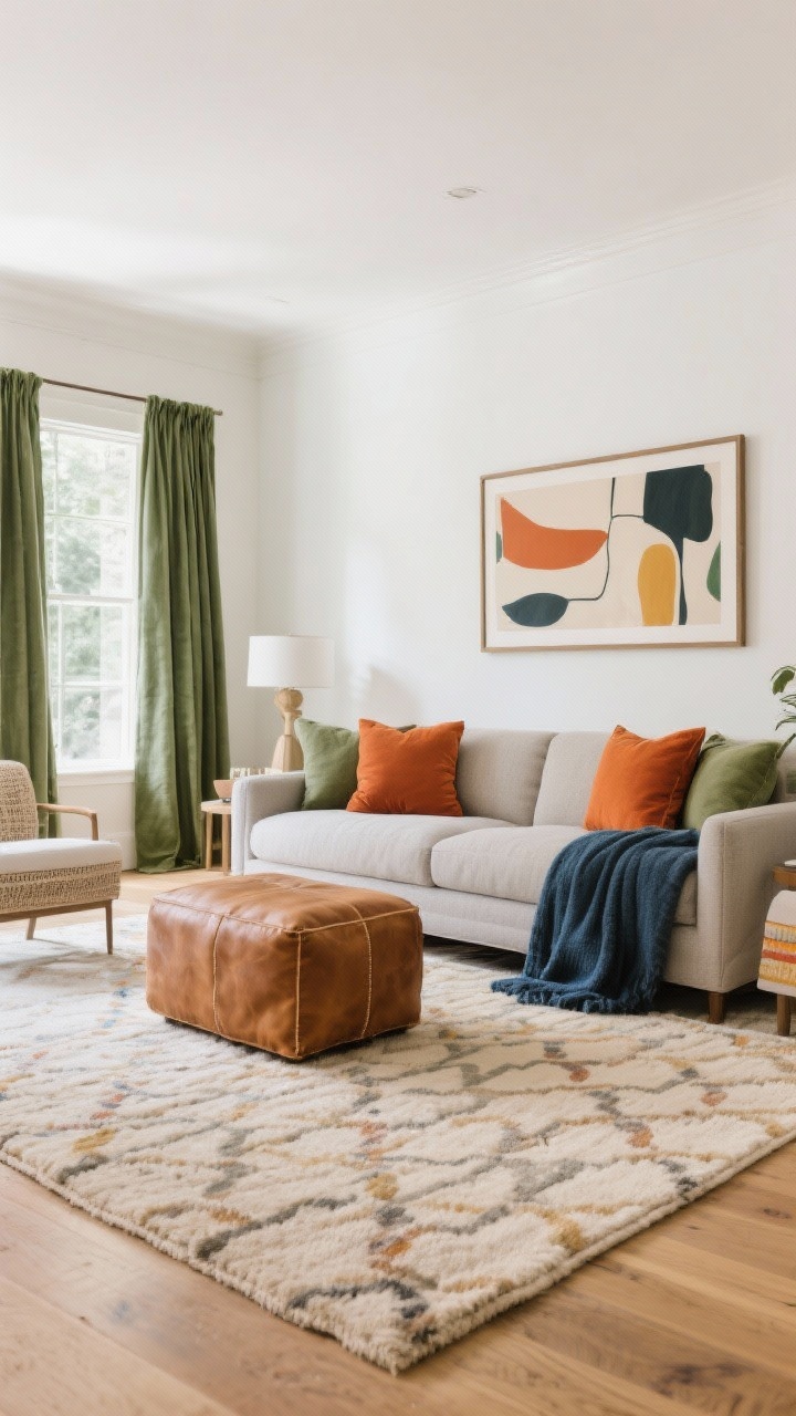 Wide shot: A living room styled around a cohesive color story, with warm white walls and a greige sofa as the base, a large oatmeal-toned area rug, sage green linen curtains and slate blue throw blanket as secondary tones, and terracotta accent pillows and a framed abstract art print pulling the palette from a patterned rug; include a camel leather ottoman, natural daylight, and a clean, intentional arrangement that avoids a “random rainbow,” showcasing 2–3 main colors plus one bold accent for a designer-level, cohesive look.