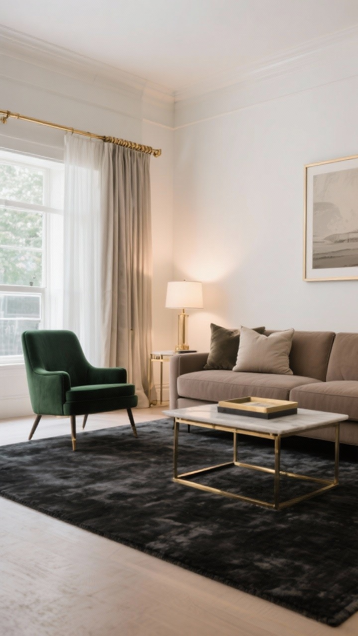 Wide shot: A luxurious living room with a cohesive color story—warm white walls, taupe sofa, charcoal rug, and a deep forest green accent chair. Metallic accents are brushed brass repeated in curtain rod, coffee table base, and picture frame. Tonal neutral pillows on the sofa, soft enveloping neutral paint elevates simple furniture. Lighting is soft and warm (2700–3000K) from window light and subtle lamps, creating an expensive, calm mood. Straight-on perspective showing consistency of two main colors plus one accent, with disciplined decor.