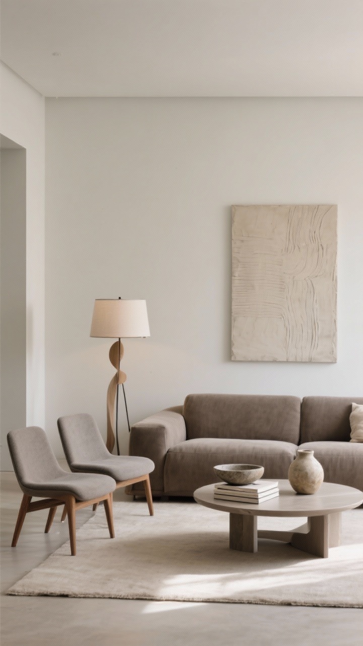 Wide shot: A modern minimal living room edited to essentials, featuring one hero sofa in warm gray, two slim-lined accent chairs with wood legs, an oval coffee table with open space beneath so it appears to float, a sculptural floor lamp as the focal light, and a single large statement artwork above the sofa. Grouped decor is curated and cohesive: a stone bowl, a stack of linen-bound books, and a ceramic vase in neutral tones. Clean lines, ample negative space, no clutter, soft natural daylight, photorealistic.