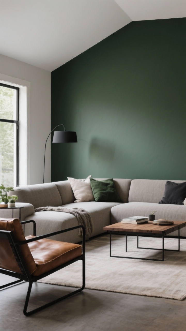 Wide shot: A neutral, moody, livable palette living room—base tones of warm gray, taupe, oat, and soft white on walls and textiles; accents in forest green and charcoal, with black metal, natural wood, and tan leather elements treated as hues; feature a deep green accent wall behind the sofa for richness, soft daylight with gentle contrast, angled perspective from the corner to show color balance.