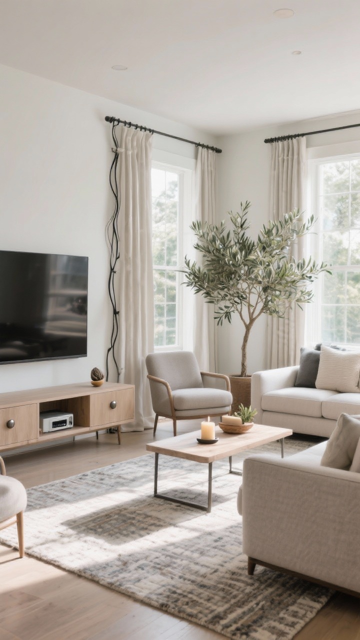 Wide shot: A precisely laid-out living room—sofas and chairs forming a conversation zone about 7–9 feet apart, front legs on an ample area rug, 18 inches between sofa and coffee table, clear pathways of 30–36 inches. Details include upgraded solid metal knobs on a media unit, high-and-wide lined curtain panels, TV wires hidden via cable channels, router tucked in a ventilated box, and one large-scale plant (olive tree) as greenery. Subtle cedar/fig candle on console. Bright daytime light, corner angle, photorealistic.
