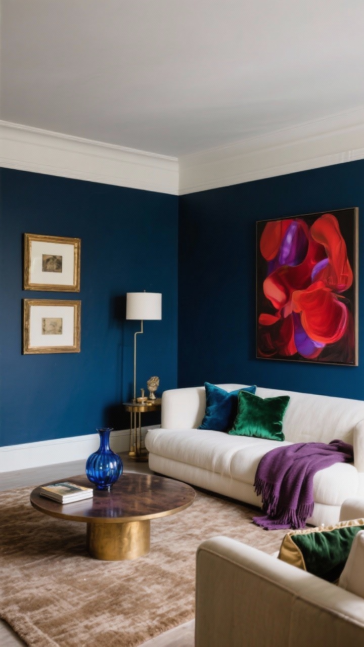 Wide shot: A sophisticated living room anchored by a deep midnight blue feature wall, with a palette of jewel tones—emerald velvet cushions, sapphire glass vase, amethyst throw, and a ruby-toned abstract art piece—balanced by creamy neutrals in an ivory sofa and warm taupe rug; aged brass accents in picture frames and a slim floor lamp; soft, diffused daylight emphasizing rich, moody color without feeling dark.