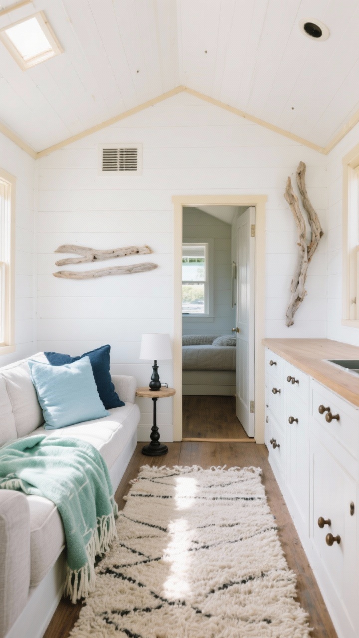 Wide shot: A tiny house living area bathed in natural light with soft white walls and warm ivory trim, pale driftwood greige accents, layered watery hues in textiles (sea-glass green throw, powder blue cushion, misty navy accent pillow), sun-bleached neutral rug; minimal black or oil-rubbed bronze hardware on cabinet pulls and a small lamp base for subtle contrast; consistent light palette flowing from living to a glimpse of the adjacent space; airy, beachy mood, photorealistic, no people.