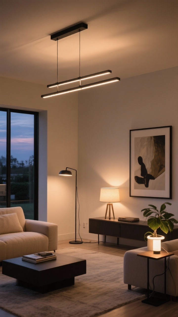 Wide shot at dusk: Layered lighting in a minimal living room—an understated linear chandelier overhead, a slim floor lamp beside the sofa for task light, a table lamp on the console, and a picture light illuminating a single large artwork. Optional small uplight behind a plant for a soft glow. All bulbs at warm 2700–3000K, dimmed for evening coziness, high-CRI feel. Clean lines, warm neutrals with black accents, cords concealed, photorealistic.