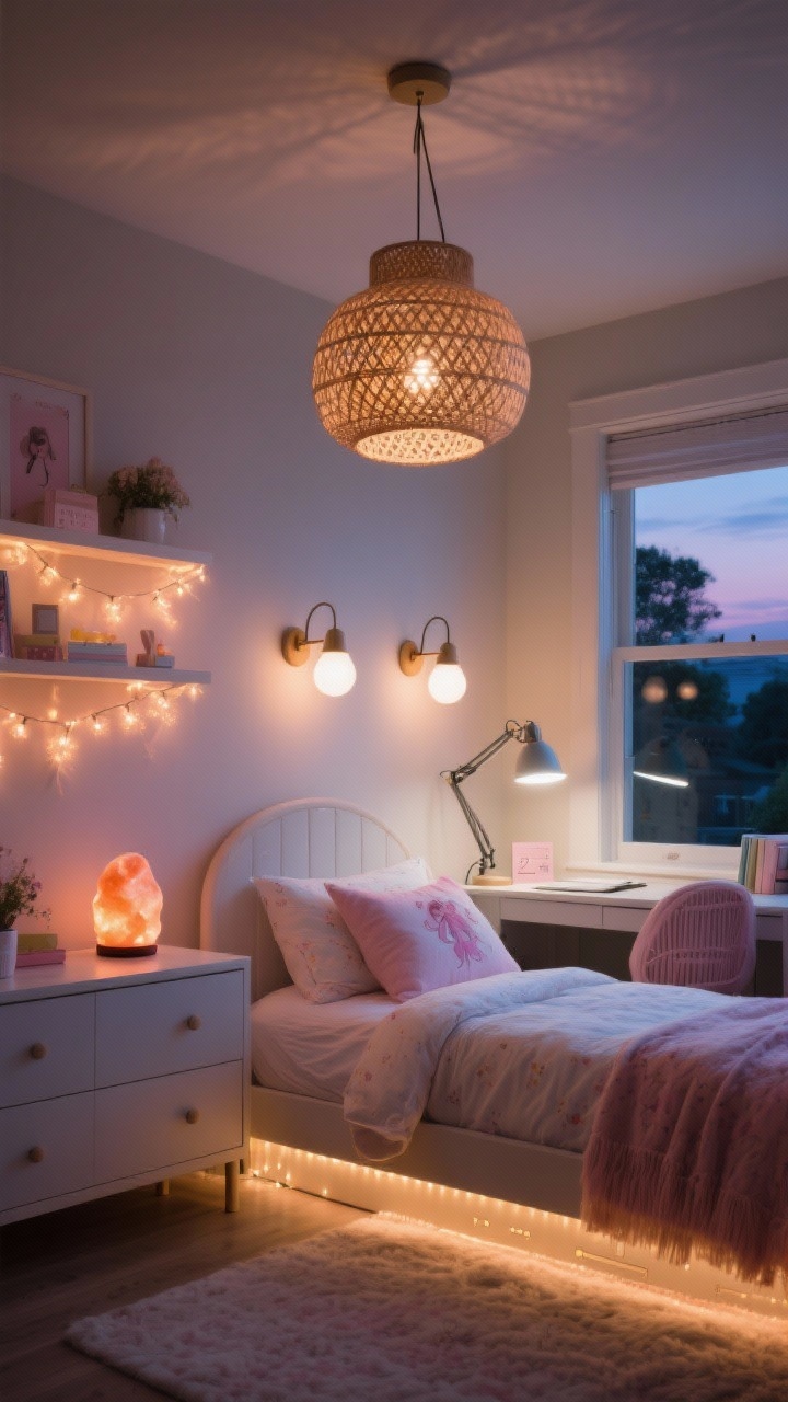 Wide shot at dusk: “Lighting Layers for Mood and Magic.” Show layered lighting in a girls’ bedroom: an overhead rattan pendant casting a soft pattern, swing-arm sconces by the bed to free up nightstand space, and an adjustable desk lamp at a study nook. Ambient elements include warm fairy lights draped along a shelf and an LED strip under the shelf creating a gentle glow; a small salt lamp on a dresser. Indicate smart bulbs/dimmer by varied intensities: warm 2700–3000K around bed and ambient lights, cooler 4000K task light at the desk. Cozy, magical evening mood.