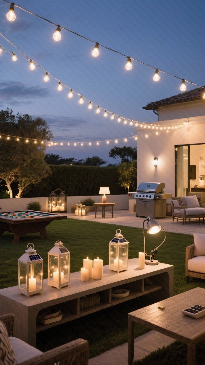Wide shot at dusk, moody vacation vibe: A boutique-hotel-style backyard with warm white (2700K) café string lights swagged overhead in gentle arcs, casting an ambient glow. At eye level, a mix of solar lanterns and flameless candles in frosted glass sit on a console and side tables. Low task lighting appears as a clamp-on grill light at the barbecue and a small outdoor-rated table lamp near a game table. Lights placed at overhead, eye level, and ground height to create depth and a luxe feel. No people, photorealistic.