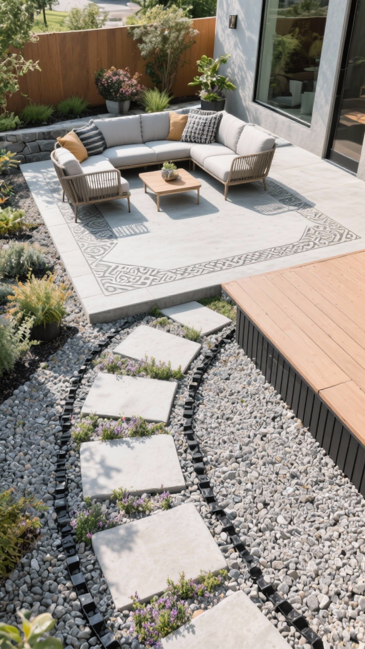 Wide shot: budget-friendly hardscape makeover—a lounge zone framed by compacted gravel neatly contained with black metal edging, a stepping-stone path of large pavers set in gravel with creeping thyme between stones, a subtly stenciled concrete slab in a refined pattern, and a refreshed deck edge with clean 1x2 slat skirting; neutral palette of stone gray, warm tan, and charcoal so plants and textiles pop; overhead/raised angle, midday clarity, photorealistic, no people.