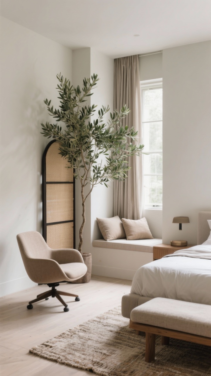 Wide shot, corner perspective: Zoned bedroom lounge area—at the foot of the bed a bench faces a cozy swivel chair on a small anchoring rug; a folding screen subtly frames the nook, and tall greenery (olive tree) acts as a natural divider; optional floor-to-ceiling curtains framing a window seat with a cushion and two bolsters; balanced, organized layout with soft, calm lighting, clear separation between sleep and lounge zones.