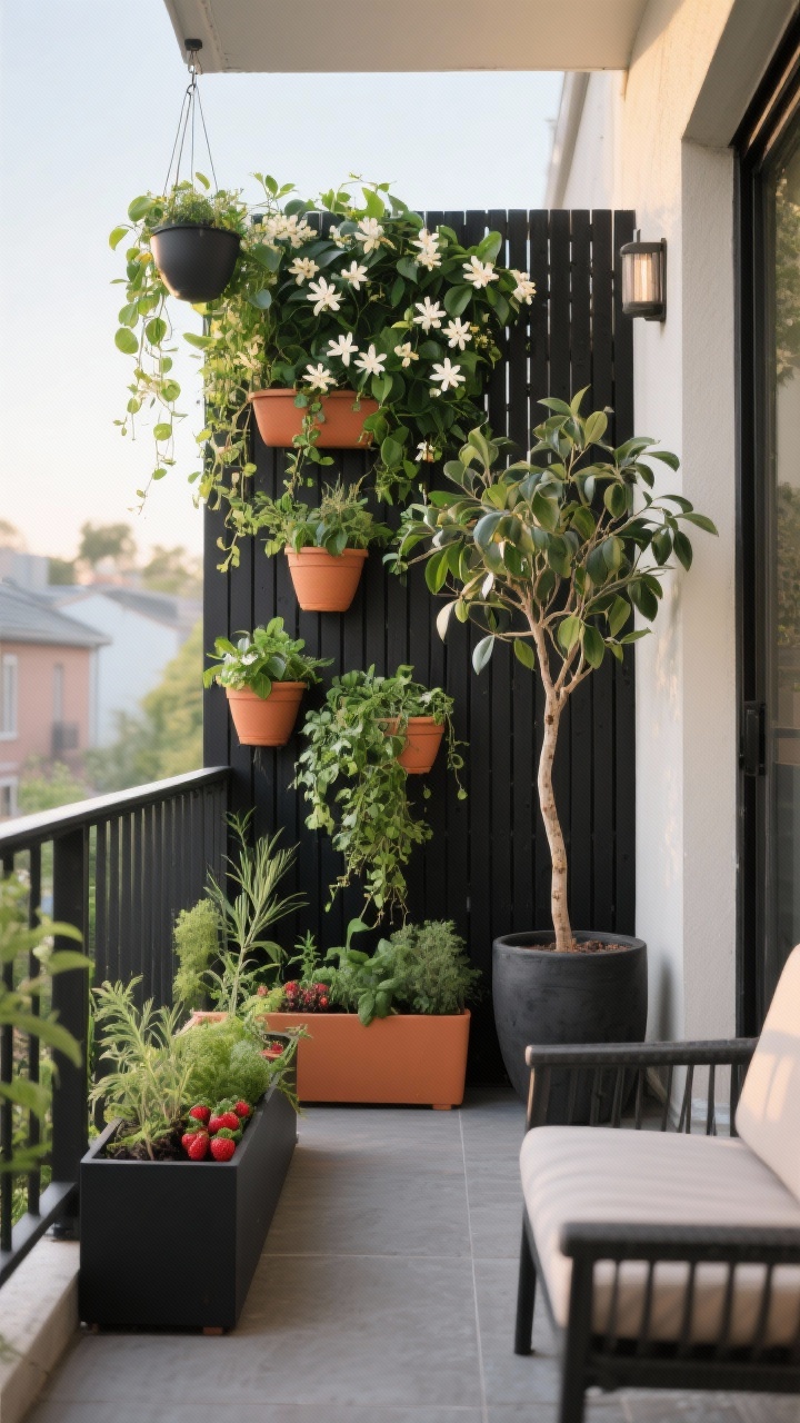 Wide shot emphasizing vertical greenery and privacy: small balcony/patio with a matte black slat wall trellis covered in jasmine for a living screen, hanging planters at staggered heights with trailing pothos and creeping jenny, and rail planters filled with herbs and strawberries. One tall planter holds a slender olive tree, framing the seating area. Cohesive planter set in matte black and terracotta. Early morning light, straight-on composition, photorealistic.