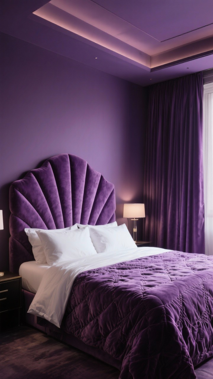 Wide shot highlighting a single statement element in a drenched room: aubergine walls and ceiling with satin trim; the star is a sculptural, channel-tufted velvet headboard in a tonal aubergine slightly lighter than walls; bedding is richly textured—matelassé and washed linen in tonal purples—with an optional crisp white duvet folded at the foot as a palette cleanser; floor-to-ceiling curtains in the same color family hung high and wide, generous fullness; soft hotel-like evening lighting; photorealistic.