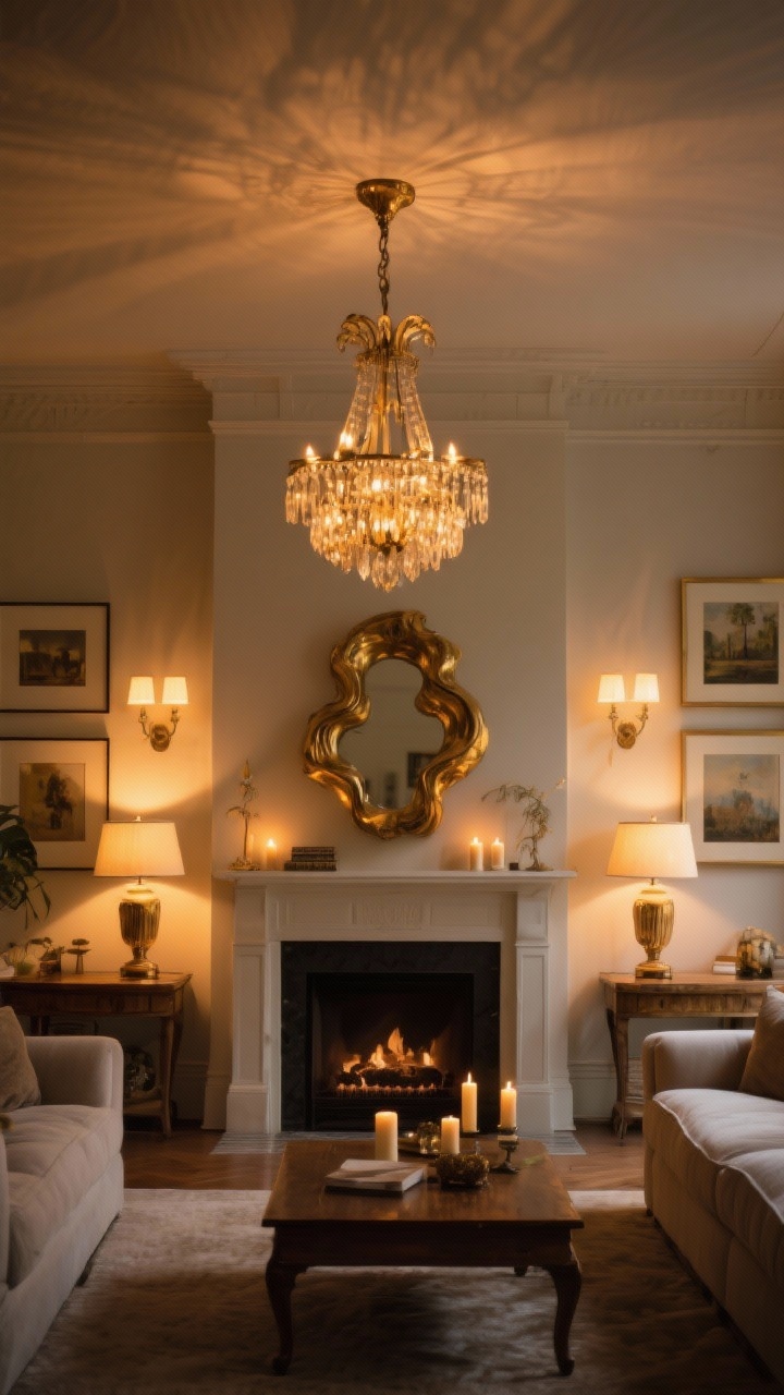 Wide shot: Layered lighting in a living room centered by a sculptural antique-gold chandelier, warm 2700K table lamps on side tables casting a golden glow, and picture lights illuminating framed art; dimmed ambiance with a few candles on the mantle; no harsh ceiling glare—soft, flattering illumination throughout.