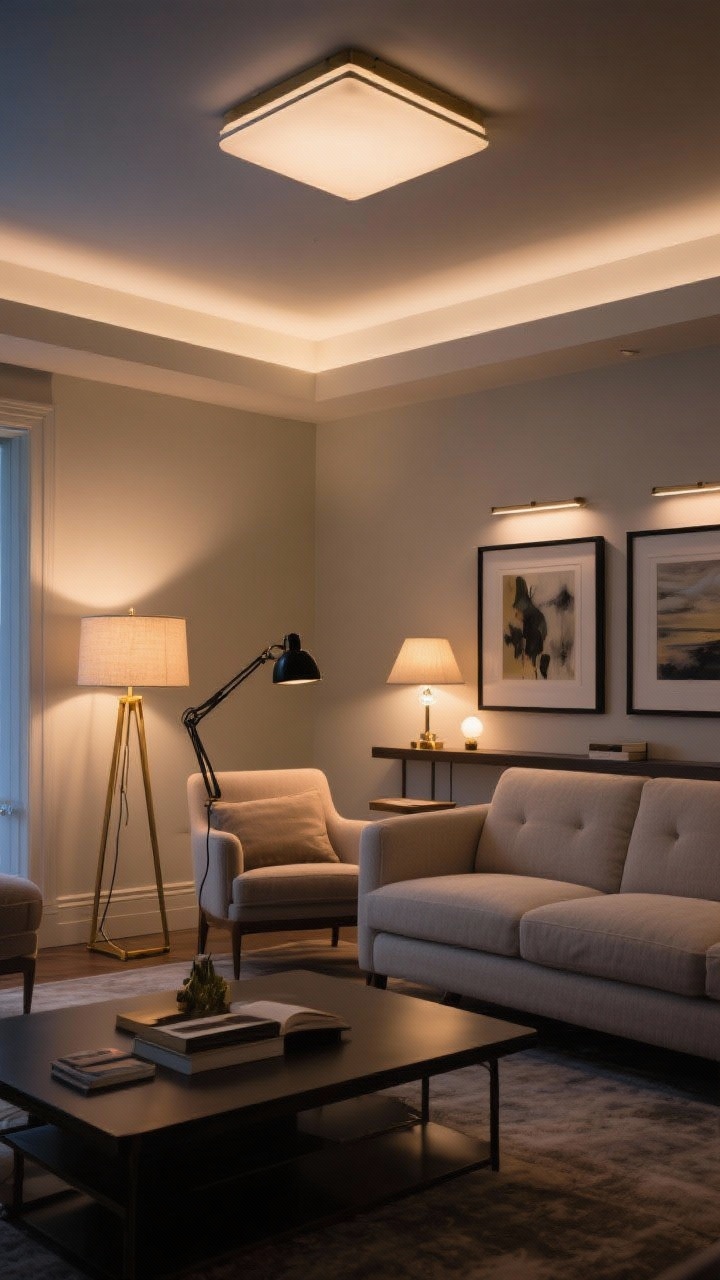 Wide shot: Layered lighting in a sophisticated living room—dimmable flush-mount ceiling fixture (ambient), a brass floor lamp by the sofa and a black swing-arm lamp by a reading chair (task), plus picture lights over art and a tiny lamp on a shelf (accent). Linen or parchment shades, smart bulbs set to warm dim. All lamp cords hidden. Evening mood with gentle pools of light and depth, straight-on view, photorealistic.