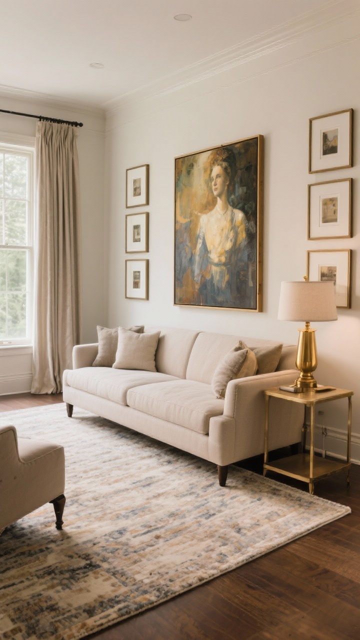 Wide shot — Living room anchored by a focal moment with correct scale and placement: a large art piece over the sofa sized at roughly two-thirds the sofa width, center hung ~58 inches from the floor; a generously sized rug with front legs of all major furniture on it; curtains hung high and wide to elongate windows. Tight gallery-style spacing on a secondary wall (2–3 inches) with consistent frames/matting. One statement piece (the art) as the diva; supporting elements echo materials (brass in lamp and picture frame). Warm, balanced lighting and clean composition.