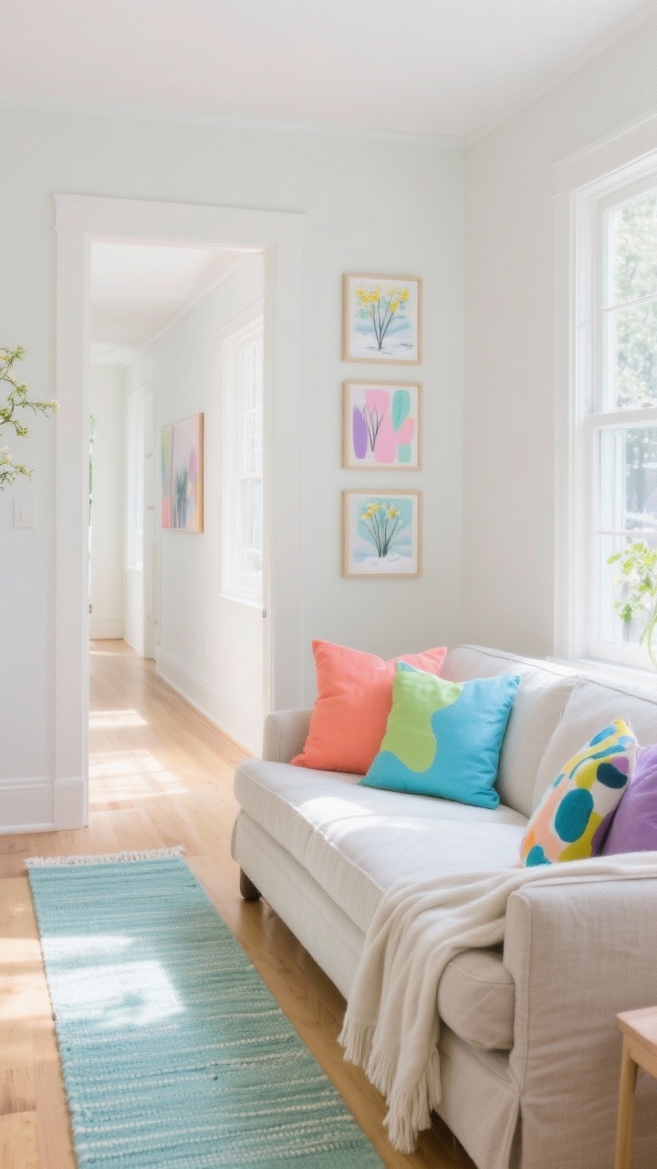 Wide shot of a bright living room refreshed without repainting: a neutral linen sofa with pillows in coral, sky blue, chartreuse, and lavender (mix of solids plus one playful abstract print), a lightweight cotton throw draped over the arm, a flat-weave runner rug in a fresh hue down a sunlit hallway, and a small gallery of springy abstract pastel artwork replacing winter scenes; repeat each accent color twice in the space; soft natural daylight with windows open vibe, photorealistic.