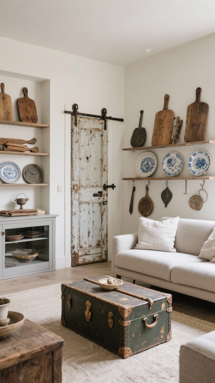 Wide shot of a collected living space blending old and new: a clean-lined modern sofa paired with a vintage trunk as a coffee table; open shelves displaying antique cutting boards and ironstone; a salvaged door used as sliding pantry/wall decor; cohesive neutral palette tying eras together; one standout vintage piece per zone; balanced composition with one rustic item matched by a sleek counterpart; gentle, even natural lighting, photorealistic, no people.